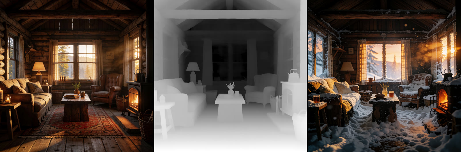 Cabin interior, its depth map, and a snow-filled re-imagining