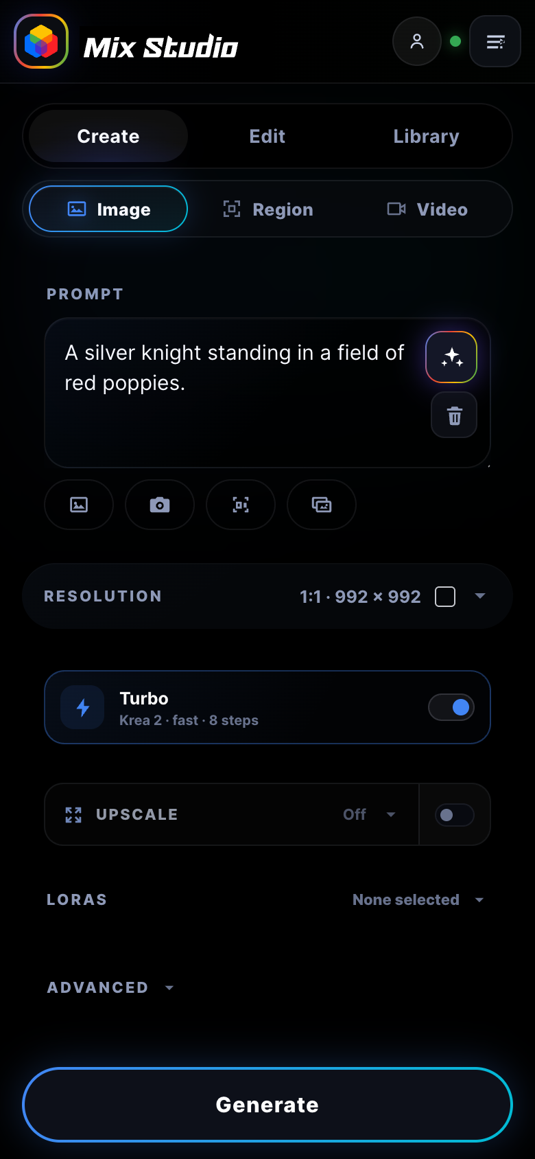 Mix Studio mobile Create Image interface
